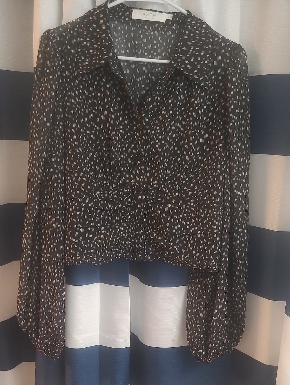 ASTR Black Blouse with Cream Dot Print and Pointed Collar